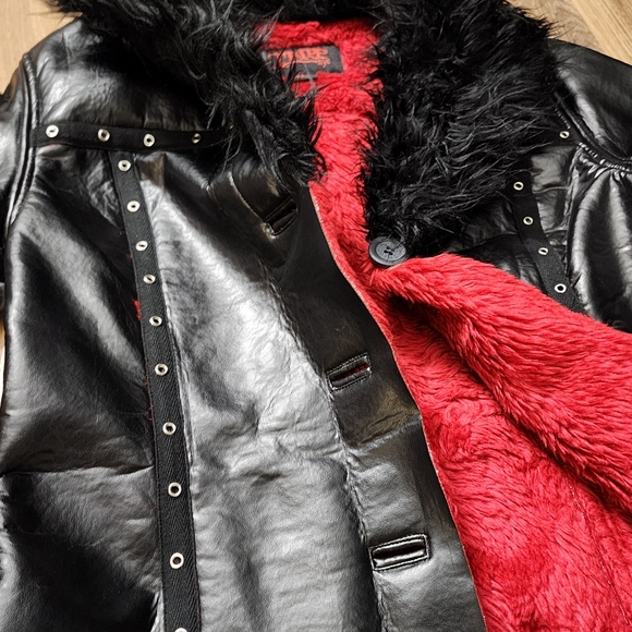 SOLD TRIPP NYC XL Vegan Leather Penny Lane Faux Fur Coat Red & Black w Grommets - Picture 13 of 13